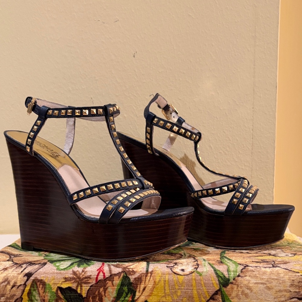 Michael Kors Navy and Gold Wedge Sandals
